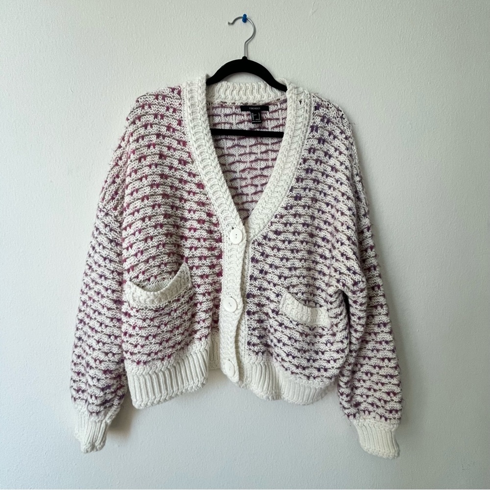 Forever 21 Cream and Purple Knit Cardigan